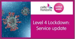 Image of virus with United Welsh and Celtic Horizons logos and title text