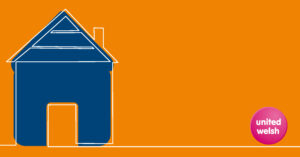 Blue house on orange background with United Welsh logo