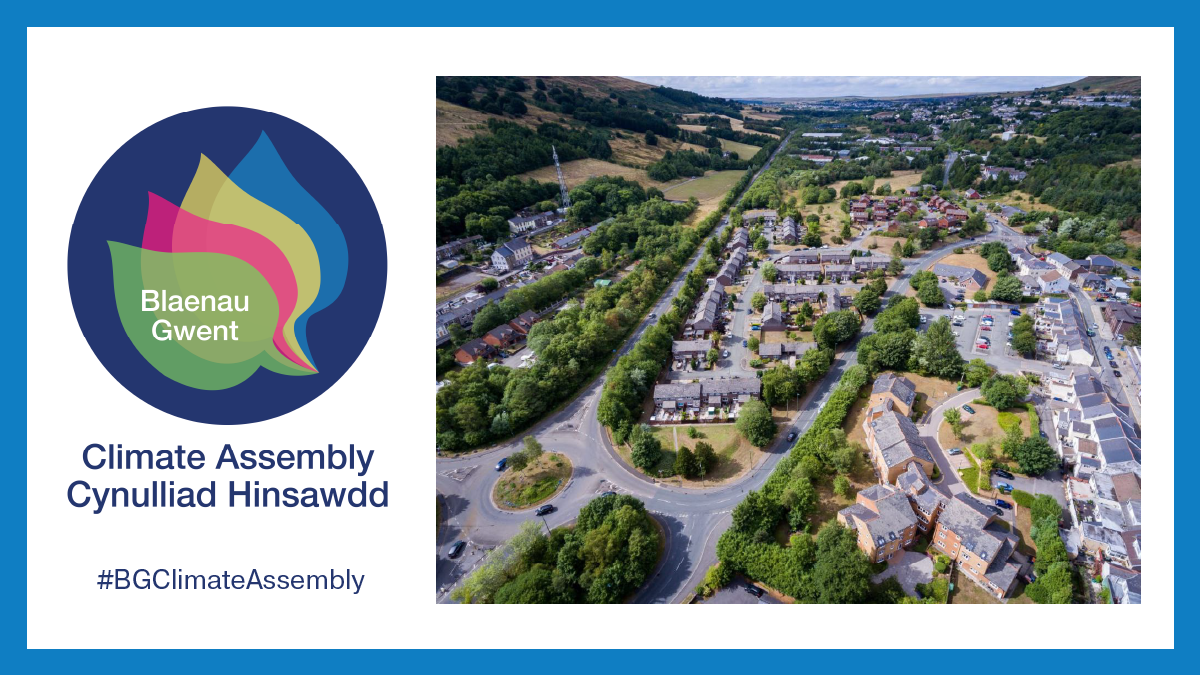 Blaenau Gwent Climate Assembly logo and a birds-eye view photo of Blaenau Gwent