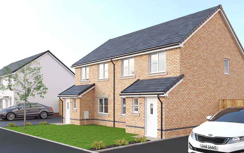 A computer generated image of a home in Cae Sant Barrwg, Bedwas. They are semi-detached with a front porch area, with a small grass area at the front.